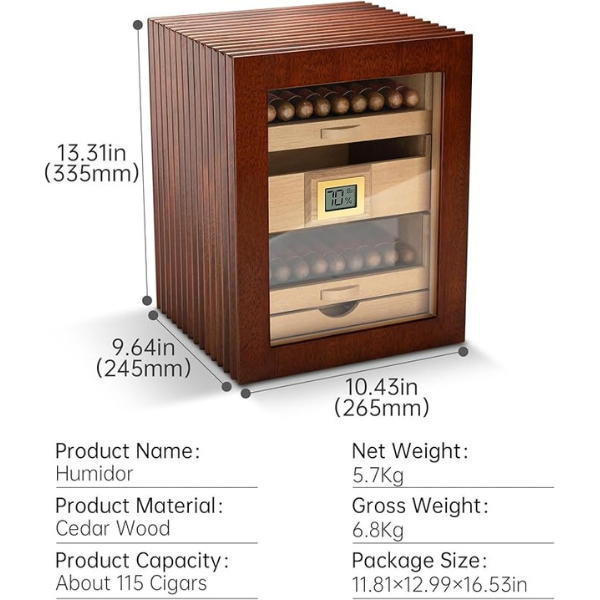 Cigar Humidor Cedar Wood Cigar Storage Box with Shelve and Drawer,Hygrometer and Humidifier (Large)