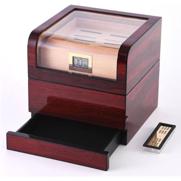 Wood Box Spanish Cedar Wood Transparent Top Storage Box with Digital Hygrometer and Humidifiers-Hold up to 25-60 Counts