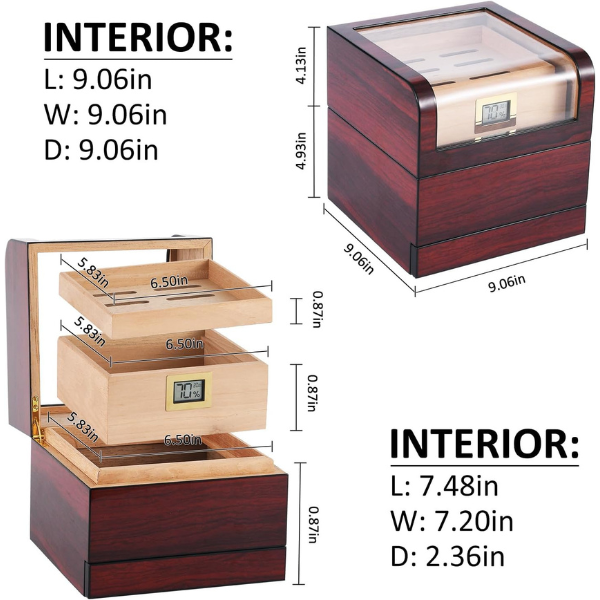 Wood Box Spanish Cedar Wood Transparent Top Storage Box with Digital Hygrometer and Humidifiers-Hold up to 25-60 Counts