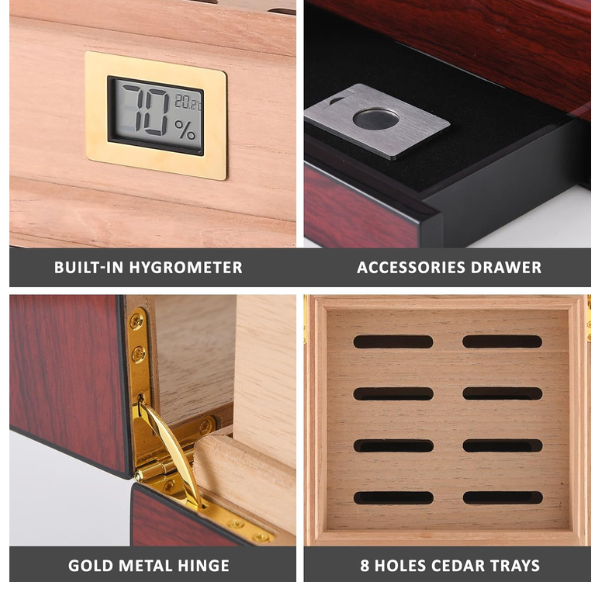 Wood Box Spanish Cedar Wood Transparent Top Storage Box with Digital Hygrometer and Humidifiers-Hold up to 25-60 Counts