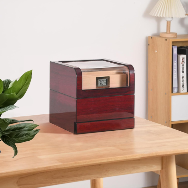 Wood Box Spanish Cedar Wood Transparent Top Storage Box with Digital Hygrometer and Humidifiers-Hold up to 25-60 Counts