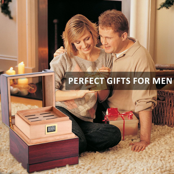 Wood Box Spanish Cedar Wood Transparent Top Storage Box with Digital Hygrometer and Humidifiers-Hold up to 25-60 Counts