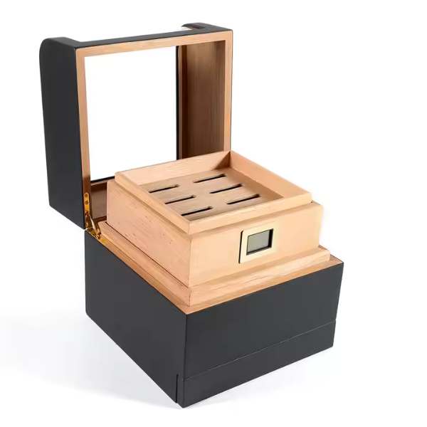 Black Wood Box Spanish Cedar Wood Transparent Top Storage Box with Digital Hygrometer and Humidifiers-Hold up to 25-60 Counts