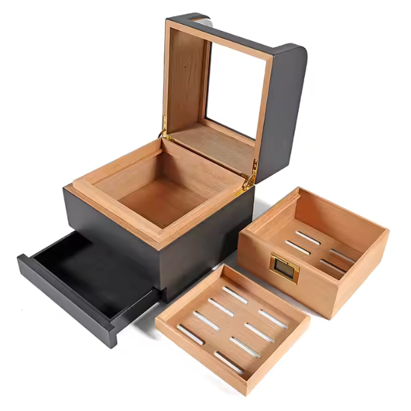 Black Wood Box Spanish Cedar Wood Transparent Top Storage Box with Digital Hygrometer and Humidifiers-Hold up to 25-60 Counts