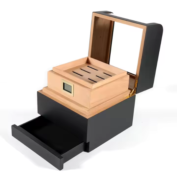 Black Wood Box Spanish Cedar Wood Transparent Top Storage Box with Digital Hygrometer and Humidifiers-Hold up to 25-60 Counts