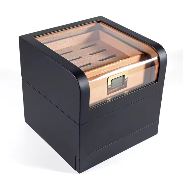 Black Wood Box Spanish Cedar Wood Transparent Top Storage Box with Digital Hygrometer and Humidifiers-Hold up to 25-60 Counts